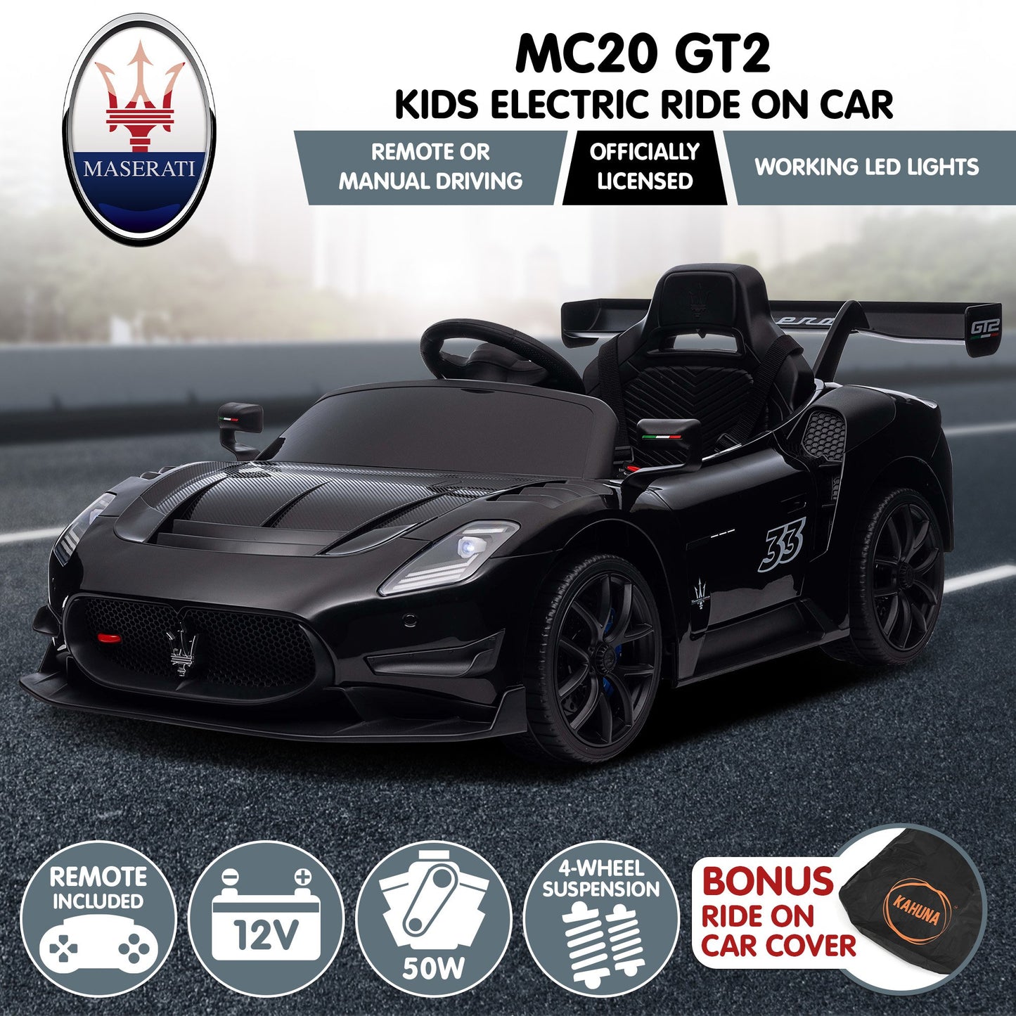 Maserati MC20 GT2 Licensed Electric Kids Ride On by Kahuna | Black or Blue